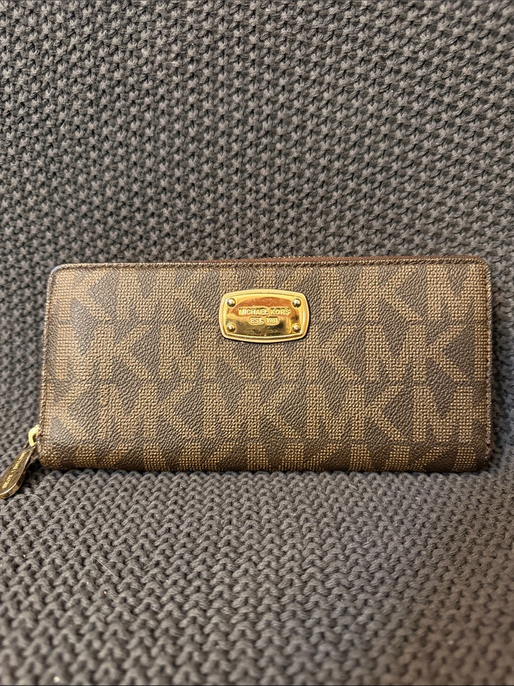 Michael Kors Brown MK Monogram Zip-Around Wallet with Gold Plaque